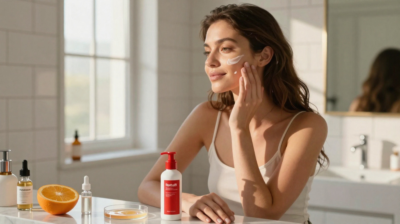 Woman applying face cream in bright bathroom with skincare products and halved orange on countertop.