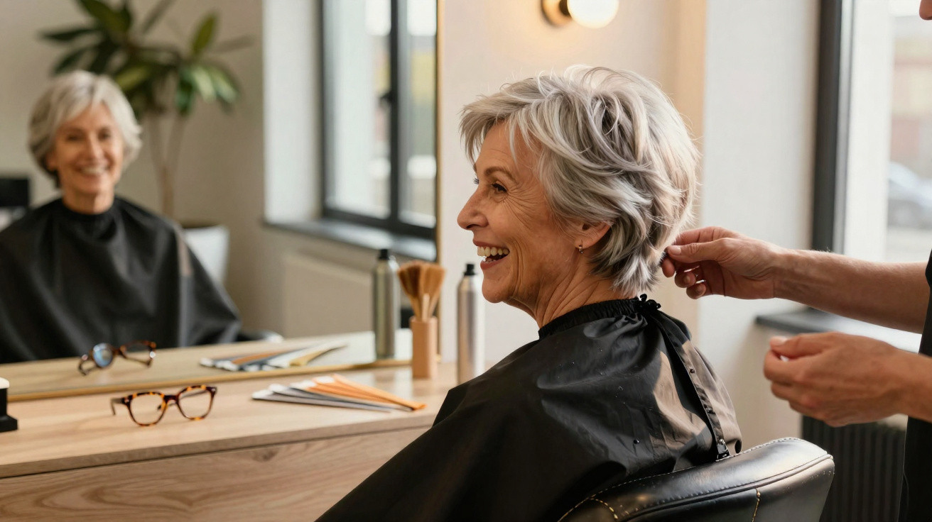 Elderly woman smiling while getting her grey hair styled at a salon with a large mirror and wooden counter.