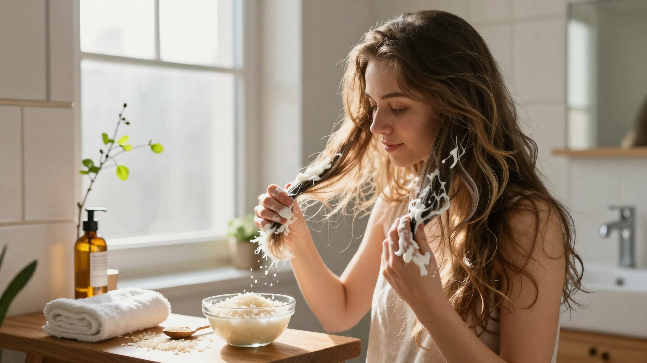 Young woman applies rice hair mask in bright bathroom with wooden countertop and white towel nearby