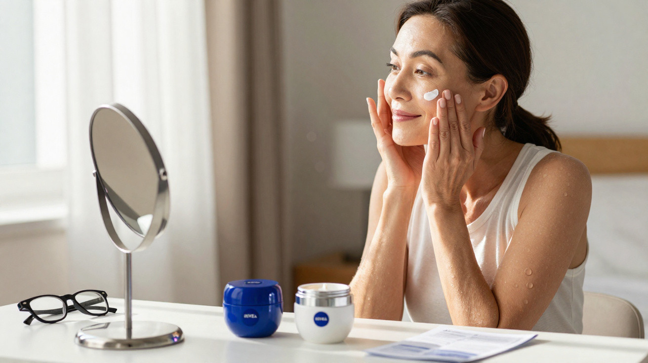 Woman applying face cream at a vanity table with Nivea skincare products and a mirror in a bright room.