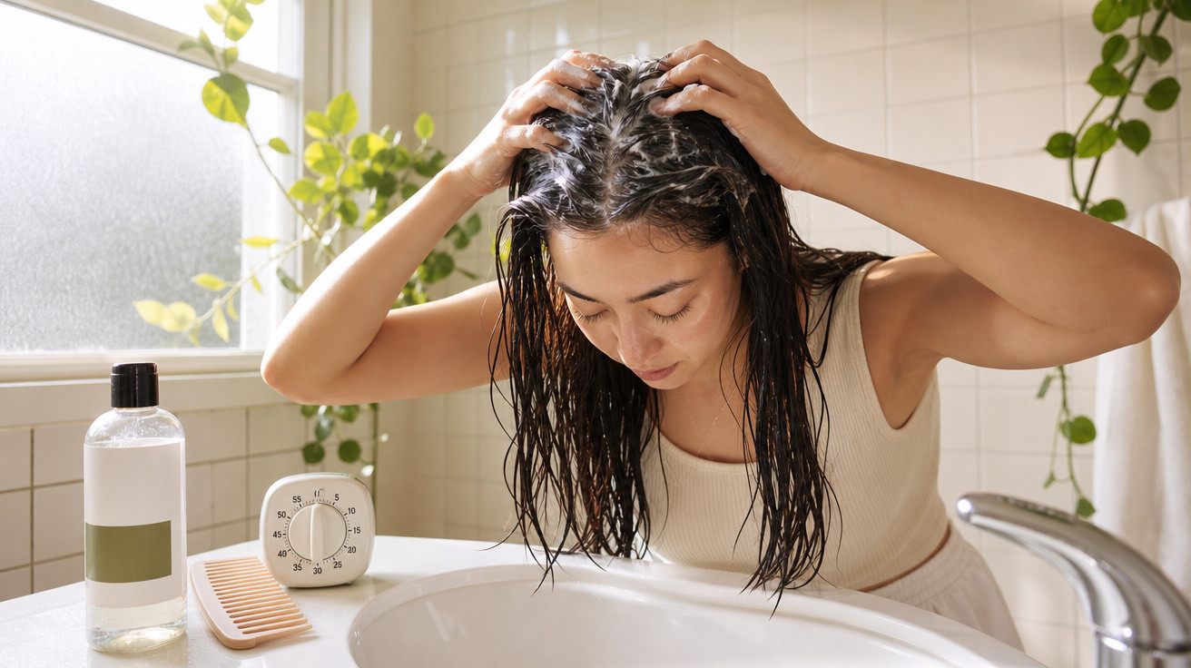 Woman with wet hair applying shampoo over a bathroom sink with a plant and timer nearby.