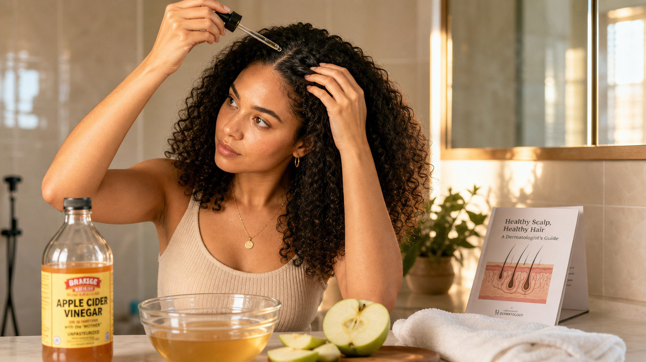 Woman with curly hair applying scalp serum with dropper in bathroom, with apple cider vinegar and cut apples visible.