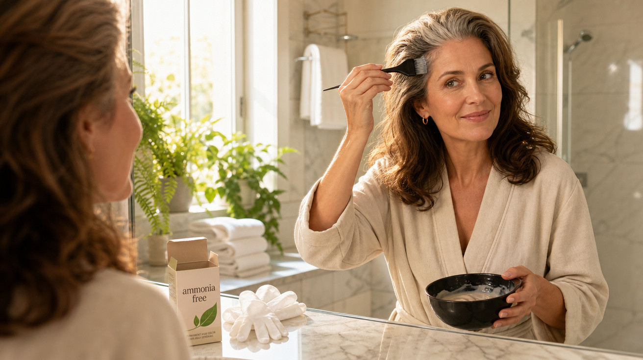 Middle-aged woman applying ammonia-free hair dye to grey roots in bathroom mirror, wearing a beige robe.